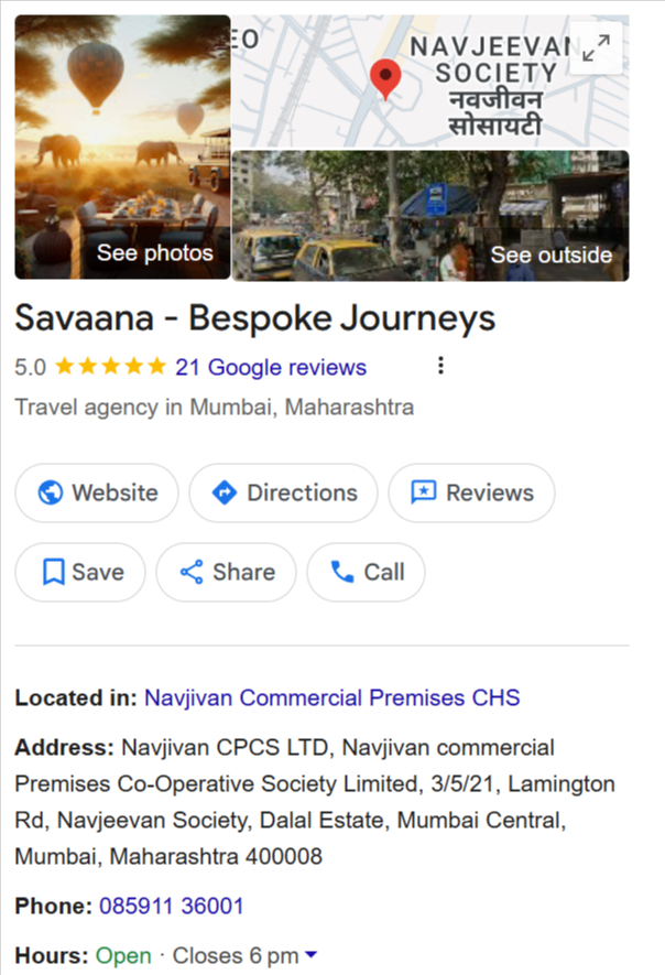Savaana — Bespoke Journeys Google Business Profile screenshot