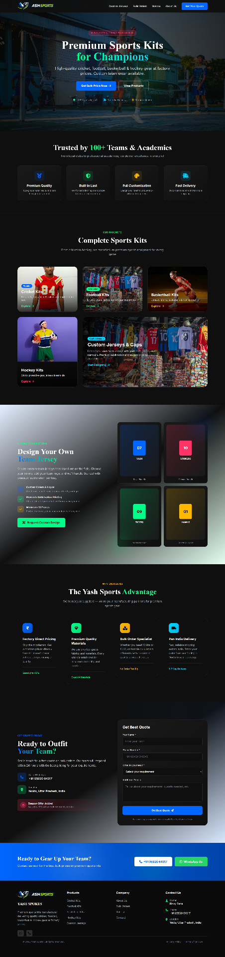 Yash Sports — Custom Team Kits website screenshot designed by TruDigitals